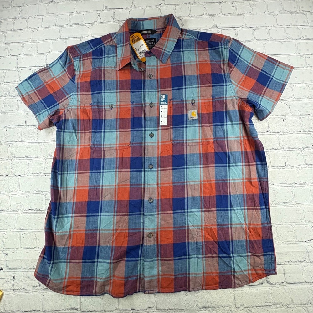 Carhartt Rugged Flex Plaid Short Sleeve Shirt Mens XL NWT Blue Orange Untucked